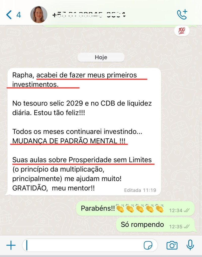 Print de depoimento no WhatsApp